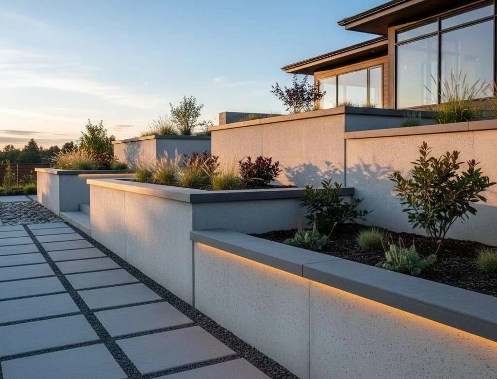 Decorative residential concrete retaining wall with modern finish - RC Concrete retaining wall contractors